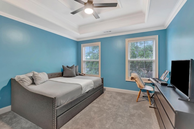 3168 Appian Way, Spring Hill, TN 37174 - carpeted bedroom with a tray ceiling, ornamental molding, baseboards, a desk, and a ceiling fan