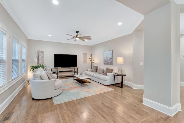 3168 Appian Way, Spring Hill, TN 37174 - living room with baseboards, ceiling fan, light wood-style floors, recessed lighting, and ornamental molding