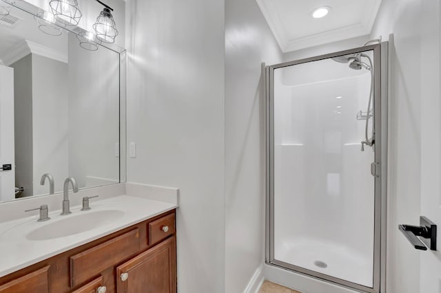 3168 Appian Way, Spring Hill, TN 37174 - bathroom with ornamental molding, a stall shower, vanity, baseboards, and recessed lighting