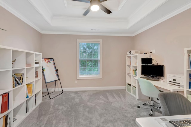 3168 Appian Way, Spring Hill, TN 37174 - carpeted home office featuring a raised ceiling, ornamental molding, a ceiling fan, and baseboards