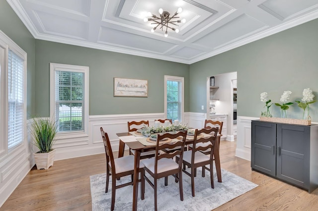 3168 Appian Way, Spring Hill, TN 37174 - dining space featuring coffered ceiling, a chandelier, light wood-type flooring, a wainscoted wall, and beamed ceiling