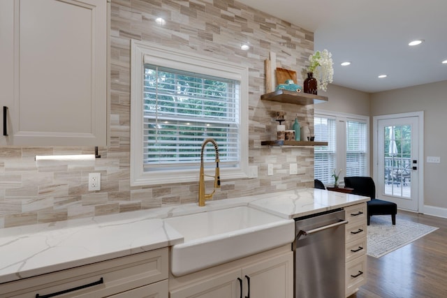 3168 Appian Way, Spring Hill, TN 37174 - kitchen with stainless steel dishwasher, a sink, backsplash, open shelves, and recessed lighting