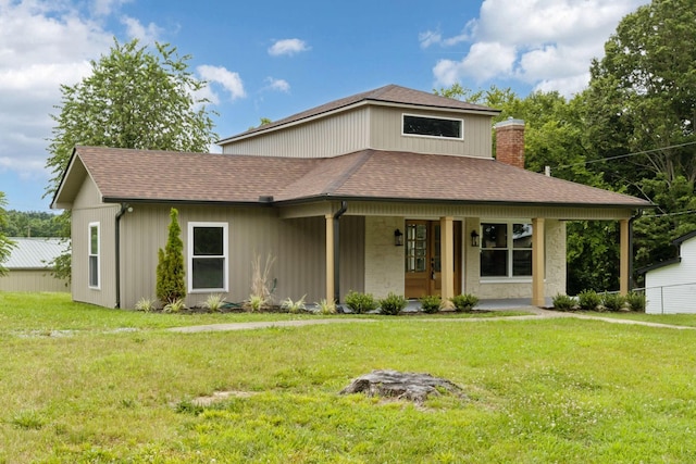 1775 Hayshed Rd, Charlotte, TN 37036 - view of front of property with a porch, a front lawn, a shingled roof, and a chimney