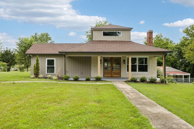 1775 Hayshed Rd, Charlotte, TN 37036 - view of front of home featuring a chimney, roof with shingles, french doors, covered porch, and board and batten siding