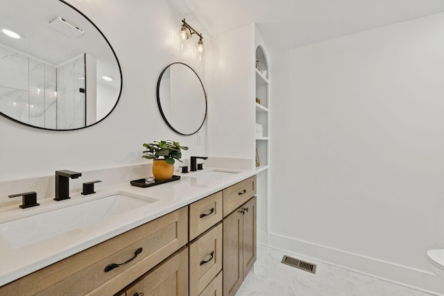 1775 Hayshed Rd, Charlotte, TN 37036 - bathroom with double vanity, marble look tiles, a marble finish shower, and recessed lighting