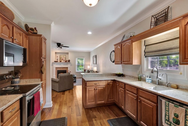 2710 Maylon Dr, Murfreesboro, TN 37128 - kitchen with appliances with stainless steel finishes, open floor plan, a peninsula, wood finished floors, and ceiling fan