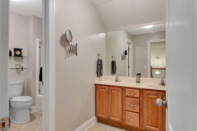2710 Maylon Dr, Murfreesboro, TN 37128 - bathroom featuring tile patterned floors, double vanity, shower / bath combination, and lofted ceiling