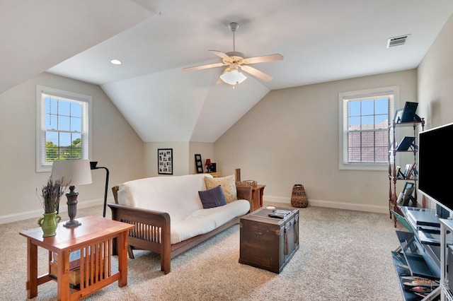 2710 Maylon Dr, Murfreesboro, TN 37128 - carpeted living room with healthy amount of natural light, ceiling fan, and lofted ceiling