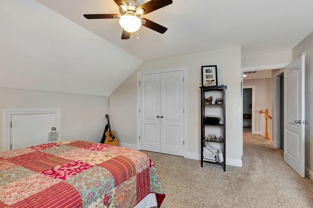 2710 Maylon Dr, Murfreesboro, TN 37128 - bedroom featuring light carpet, a closet, a ceiling fan, and lofted ceiling