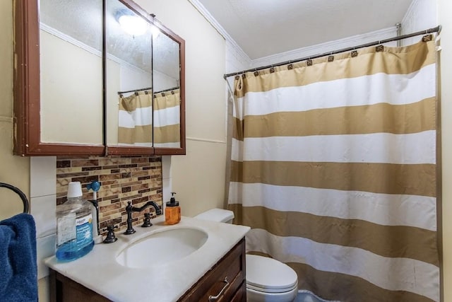 155 Thomas St, Savannah, TN 38372 - full bathroom with toilet, backsplash, crown molding, vanity, and curtained shower