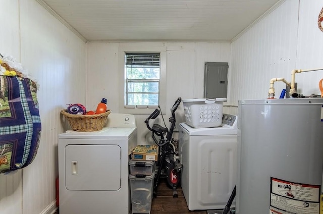 155 Thomas St, Savannah, TN 38372 - laundry area with gas water heater, washer and dryer, electric panel, crown molding, and wood finished floors