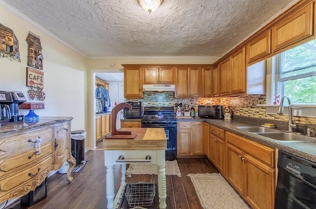 155 Thomas St, Savannah, TN 38372 - kitchen featuring black appliances, a sink, dark wood-type flooring, under cabinet range hood, and tasteful backsplash