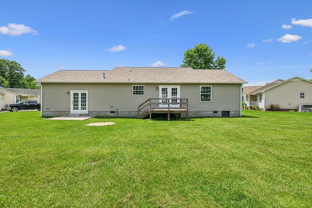 710 Krissy Ct, Columbia, TN 38401 - rear view of property featuring french doors, a wooden deck, a lawn, crawl space, and cooling unit