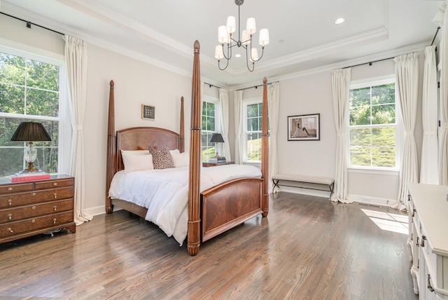 2036 Bocage Cir, Nolensville, TN 37135 - bedroom with dark wood-type flooring, a chandelier, a raised ceiling, crown molding, and baseboards