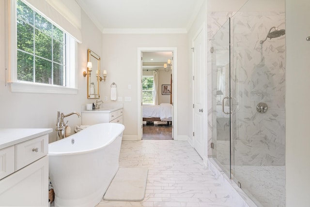 2036 Bocage Cir, Nolensville, TN 37135 - full bath featuring a marble finish shower, marble finish flooring, vanity, a freestanding tub, and crown molding