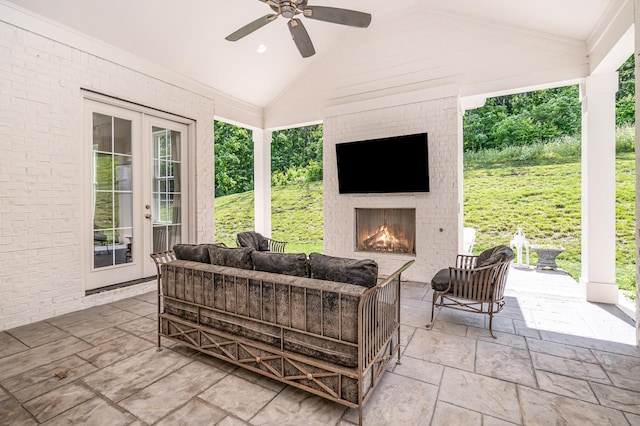 2036 Bocage Cir, Nolensville, TN 37135 - view of patio / terrace with french doors, a ceiling fan, and an outdoor living space with a fireplace