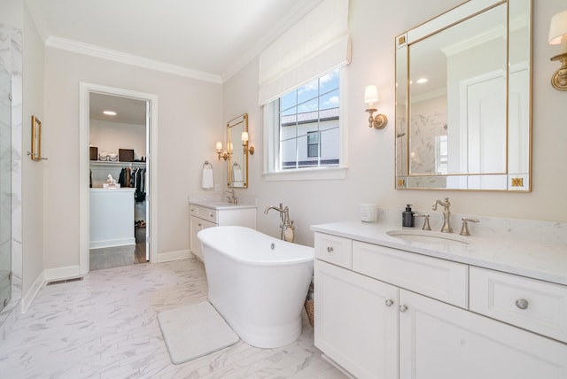 2036 Bocage Cir, Nolensville, TN 37135 - bathroom featuring a marble finish shower, crown molding, two vanities, a freestanding bath, and a spacious closet