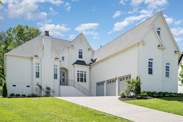 2036 Bocage Cir, Nolensville, TN 37135 - french country home with a chimney, a front yard, roof with shingles, driveway, and a standing seam roof