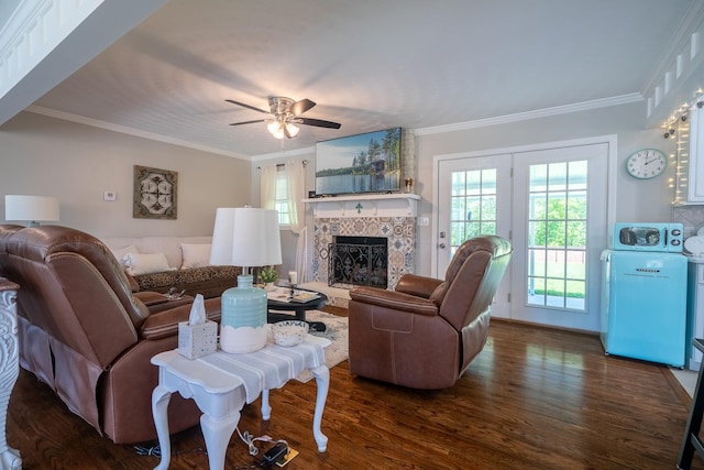 1448 Baker Ln, Lawrenceburg, TN 38464 - living room with a fireplace, dark wood-style floors, ornamental molding, and a ceiling fan
