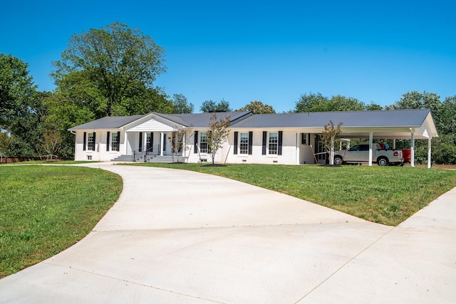 1448 Baker Ln, Lawrenceburg, TN 38464 - ranch-style home featuring concrete driveway, a front lawn, covered porch, and metal roof