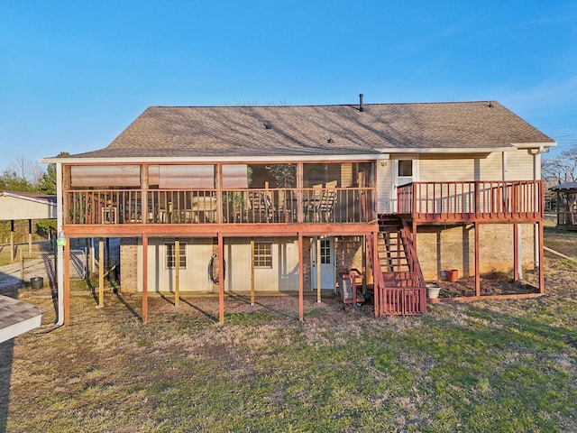 5430 Stacy Springs Rd, Springfield, TN 37172 - rear view of property featuring a deck, a shingled roof, stairway, and a sunroom