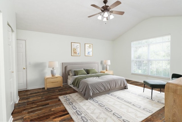 405 Parish Pl, Franklin, TN 37067 - bedroom with dark wood finished floors, vaulted ceiling, baseboards, and ceiling fan