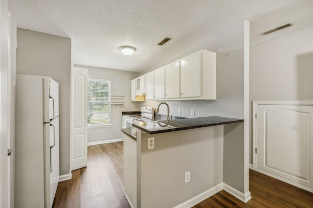 1625 Center Pointe Dr, Murfreesboro, TN 37130 - kitchen featuring white appliances, a peninsula, dark wood finished floors, a textured ceiling, and baseboards