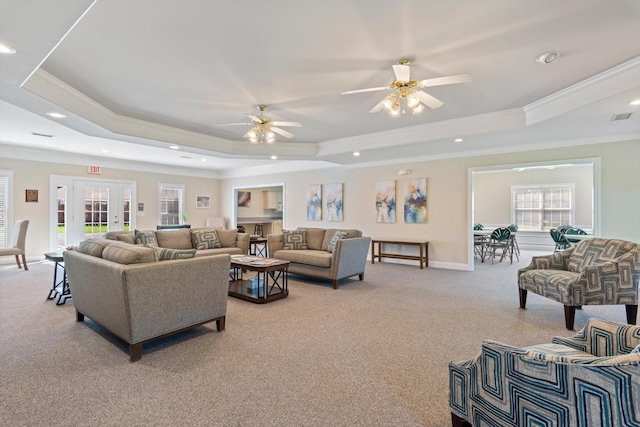725 Forest Glen Cir, Murfreesboro, TN 37128 - living room with a raised ceiling, light colored carpet, ornamental molding, a ceiling fan, and recessed lighting