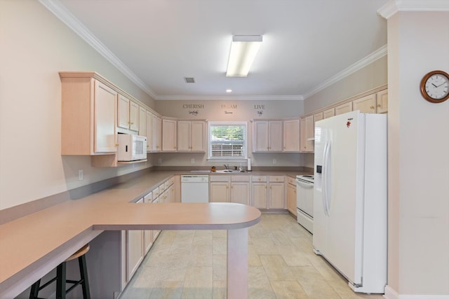 725 Forest Glen Cir, Murfreesboro, TN 37128 - kitchen featuring white appliances, a sink, a peninsula, light brown cabinets, and ornamental molding