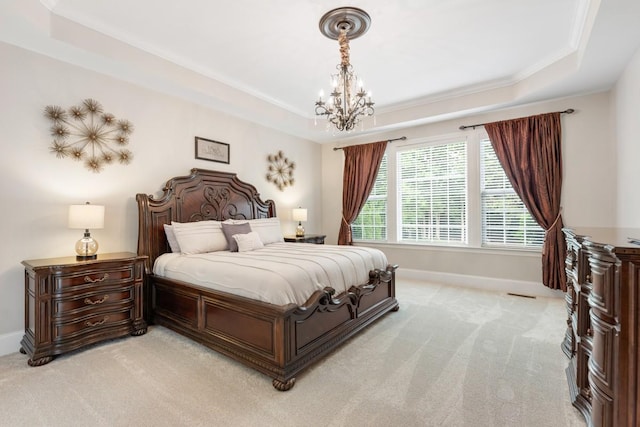 1237 Potter Ln, Gallatin, TN 37066 - bedroom with light colored carpet, a tray ceiling, a chandelier, baseboards, and ornamental molding