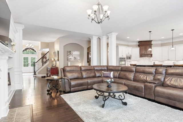 1237 Potter Ln, Gallatin, TN 37066 - living area featuring a chandelier, hardwood / wood-style floors, stairway, recessed lighting, and ornate columns