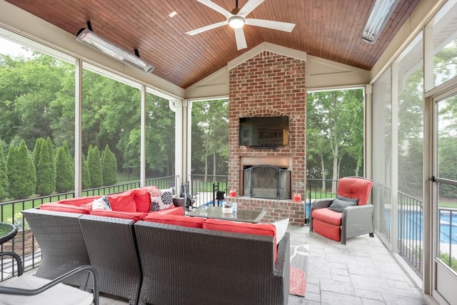 1237 Potter Ln, Gallatin, TN 37066 - sunroom / solarium with an outdoor living space with a fireplace, ceiling fan, lofted ceiling, and healthy amount of natural light