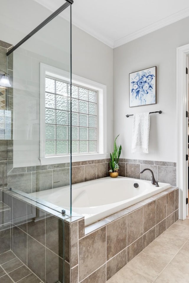 1237 Potter Ln, Gallatin, TN 37066 - bathroom featuring a garden tub, ornamental molding, and tiled shower