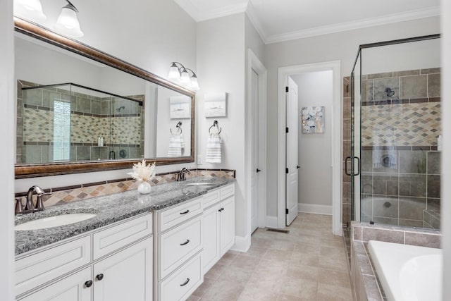 1237 Potter Ln, Gallatin, TN 37066 - bathroom featuring a stall shower, a bath, double vanity, crown molding, and tile patterned floors