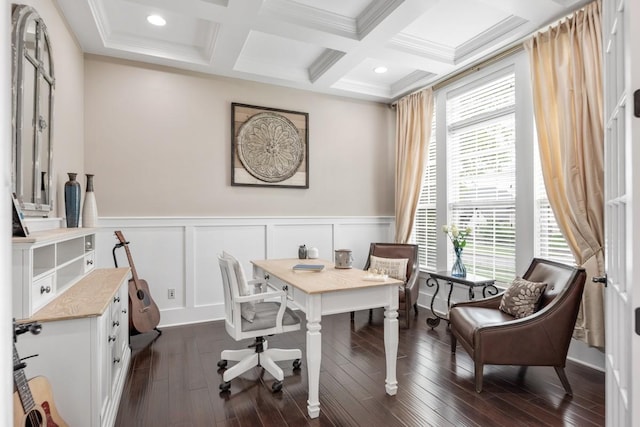1237 Potter Ln, Gallatin, TN 37066 - home office featuring beam ceiling, coffered ceiling, dark wood finished floors, a wainscoted wall, and recessed lighting
