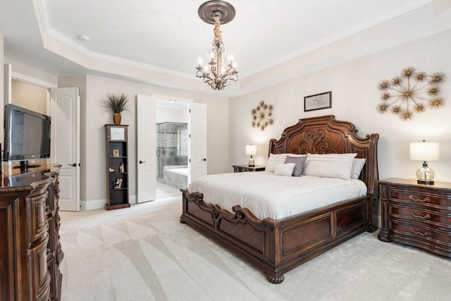 1237 Potter Ln, Gallatin, TN 37066 - bedroom featuring light colored carpet, a chandelier, crown molding, a raised ceiling, and connected bathroom