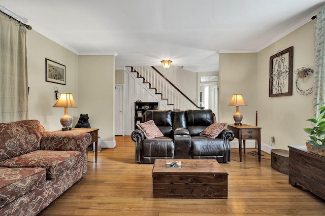 4957 Decatur Highway Highway, Ten Mile, TN 37880 - living area featuring stairs, wood-type flooring, ornamental molding, and baseboards