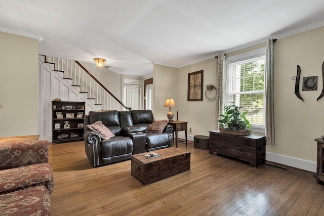 4957 Decatur Highway Highway, Ten Mile, TN 37880 - living area featuring wood-type flooring, stairs, ornamental molding, and baseboards