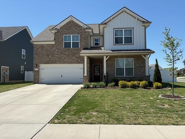 3608 Barbee Ct, Rockvale, TN 37153 - craftsman-style house featuring brick siding, board and batten siding, a front yard, and an attached garage