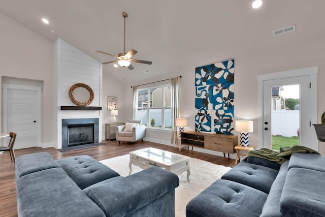 3608 Barbee Ct, Rockvale, TN 37153 - living area featuring high vaulted ceiling, ceiling fan, a large fireplace, wood finished floors, and recessed lighting