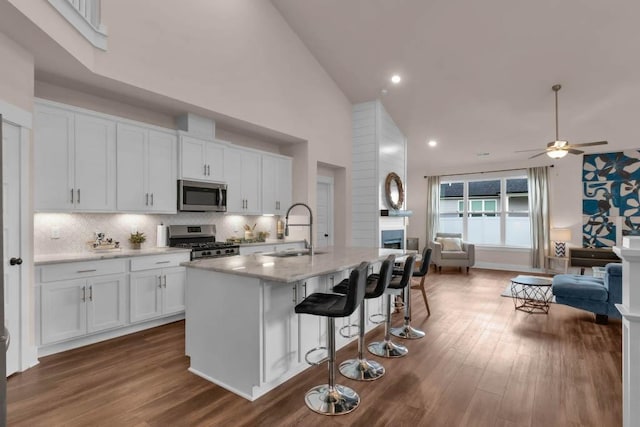 3608 Barbee Ct, Rockvale, TN 37153 - kitchen featuring a sink, appliances with stainless steel finishes, open floor plan, white cabinetry, and high vaulted ceiling