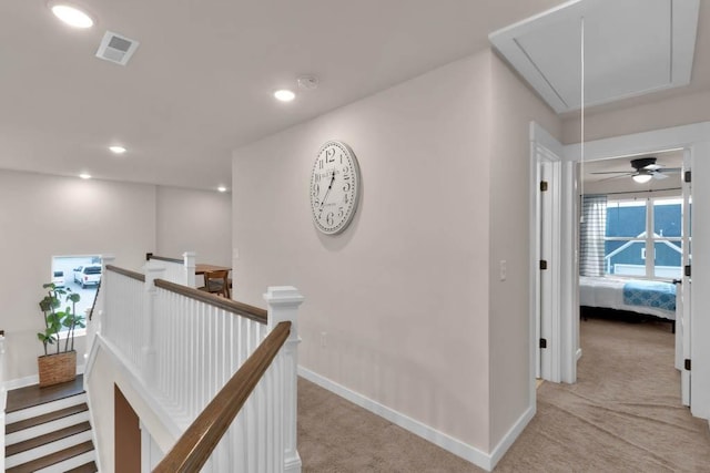 3608 Barbee Ct, Rockvale, TN 37153 - hallway with attic access, an upstairs landing, light carpet, recessed lighting, and baseboards
