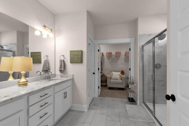 3608 Barbee Ct, Rockvale, TN 37153 - full bathroom featuring marble look tiles, vanity, a stall shower, and baseboards