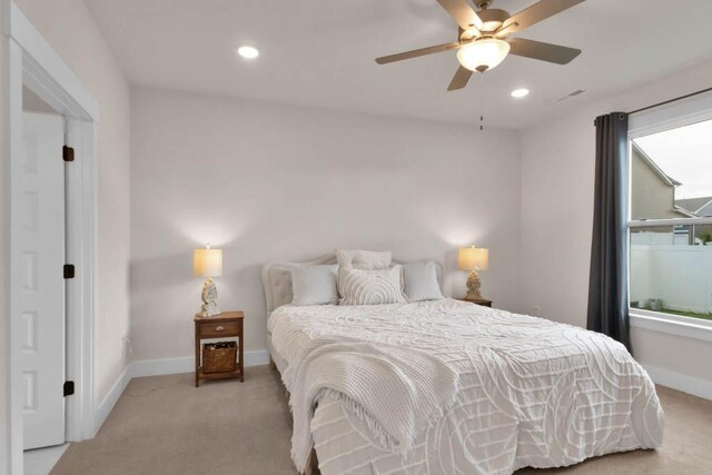 3608 Barbee Ct, Rockvale, TN 37153 - bedroom featuring light colored carpet, baseboards, recessed lighting, and a ceiling fan