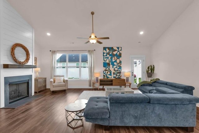 3608 Barbee Ct, Rockvale, TN 37153 - living area featuring vaulted ceiling, dark wood-style floors, a fireplace, ceiling fan, and recessed lighting