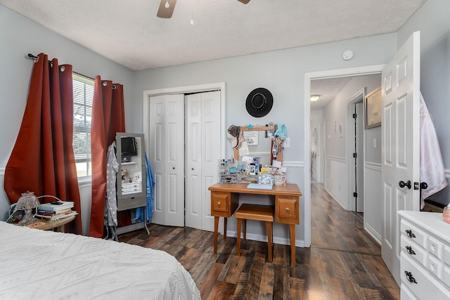 5024 Short Mountain Hwy, Smithville, TN 37166 - bedroom with a textured ceiling, dark wood-style flooring, a closet, and ceiling fan