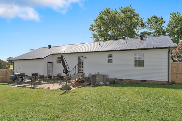 5024 Short Mountain Hwy, Smithville, TN 37166 - rear view of property featuring central AC unit, crawl space, entry steps, a patio, and metal roof