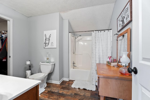 5024 Short Mountain Hwy, Smithville, TN 37166 - full bath with wood finished floors, toilet, vanity, vaulted ceiling, and shower / bathtub combination with curtain