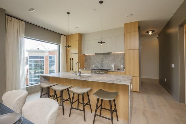 1030 17th Ave S Unit 201, Nashville, TN 37212 - kitchen featuring a sink, modern cabinets, light wood-type flooring, and a kitchen breakfast bar