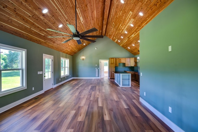 1474 Pea Ridge Rd, Manchester, TN 37355 - unfurnished living room featuring wooden ceiling, ceiling fan, dark wood-type flooring, baseboards, and high vaulted ceiling